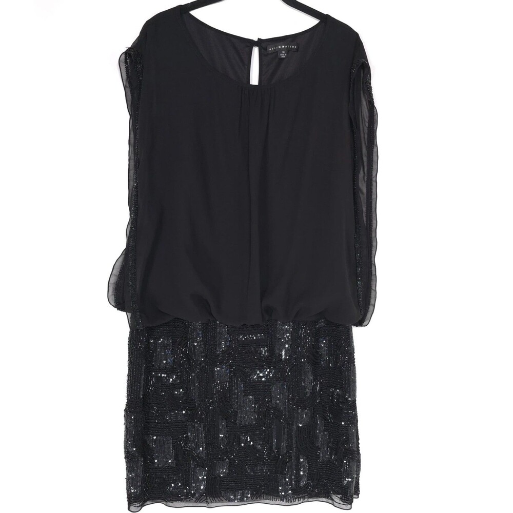 AIDAN MATTOX Women’s Cocktail Knee Lengt Dress 14 Black Silk Blend Beaded Sequin